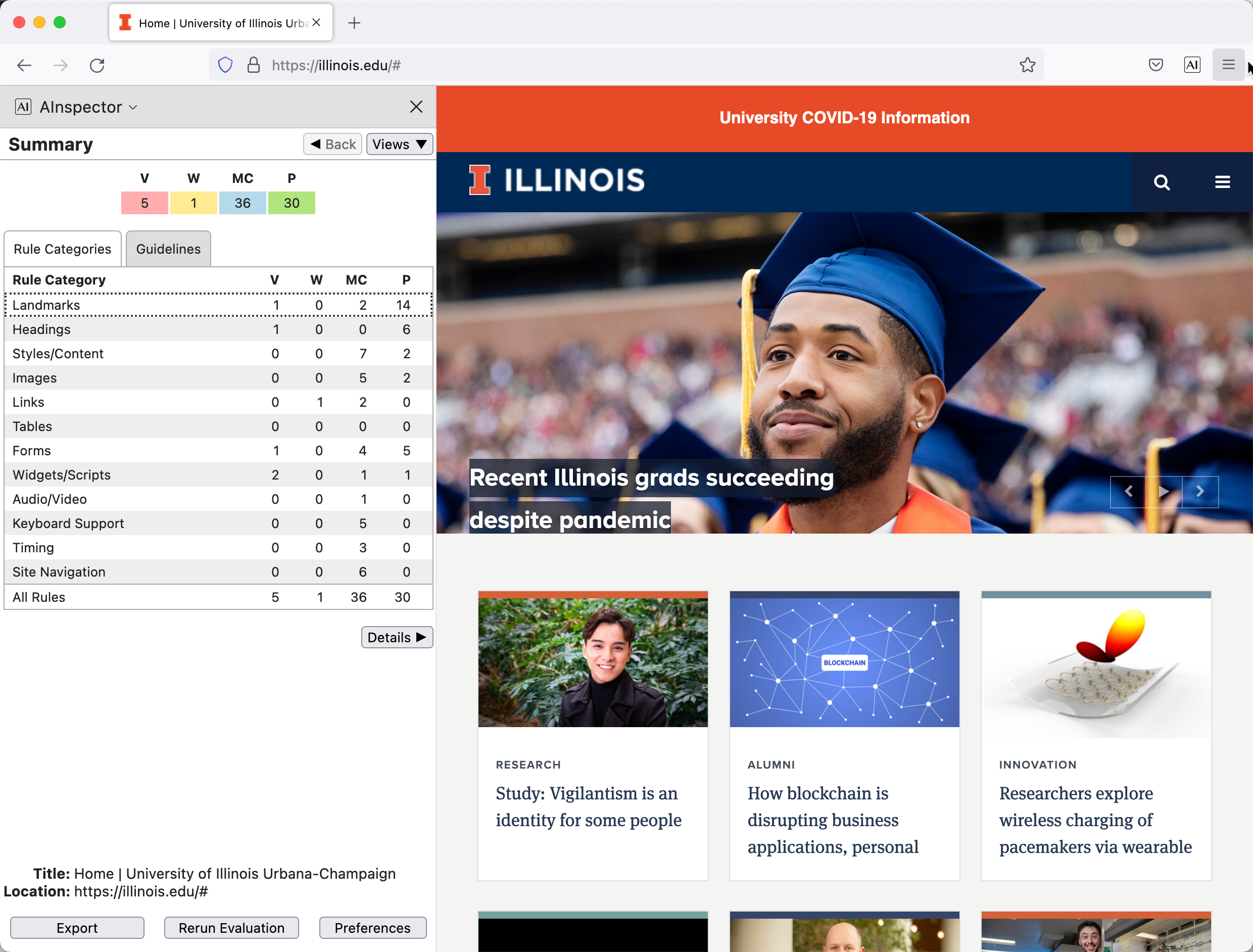 Screen shot of AInspector for Firefox sidebar open on the University of Illinois home page